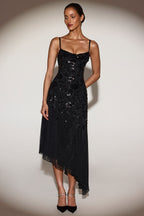 Chic Embellished Soft-Scoop Asymmetric Midaxi Dress in Black