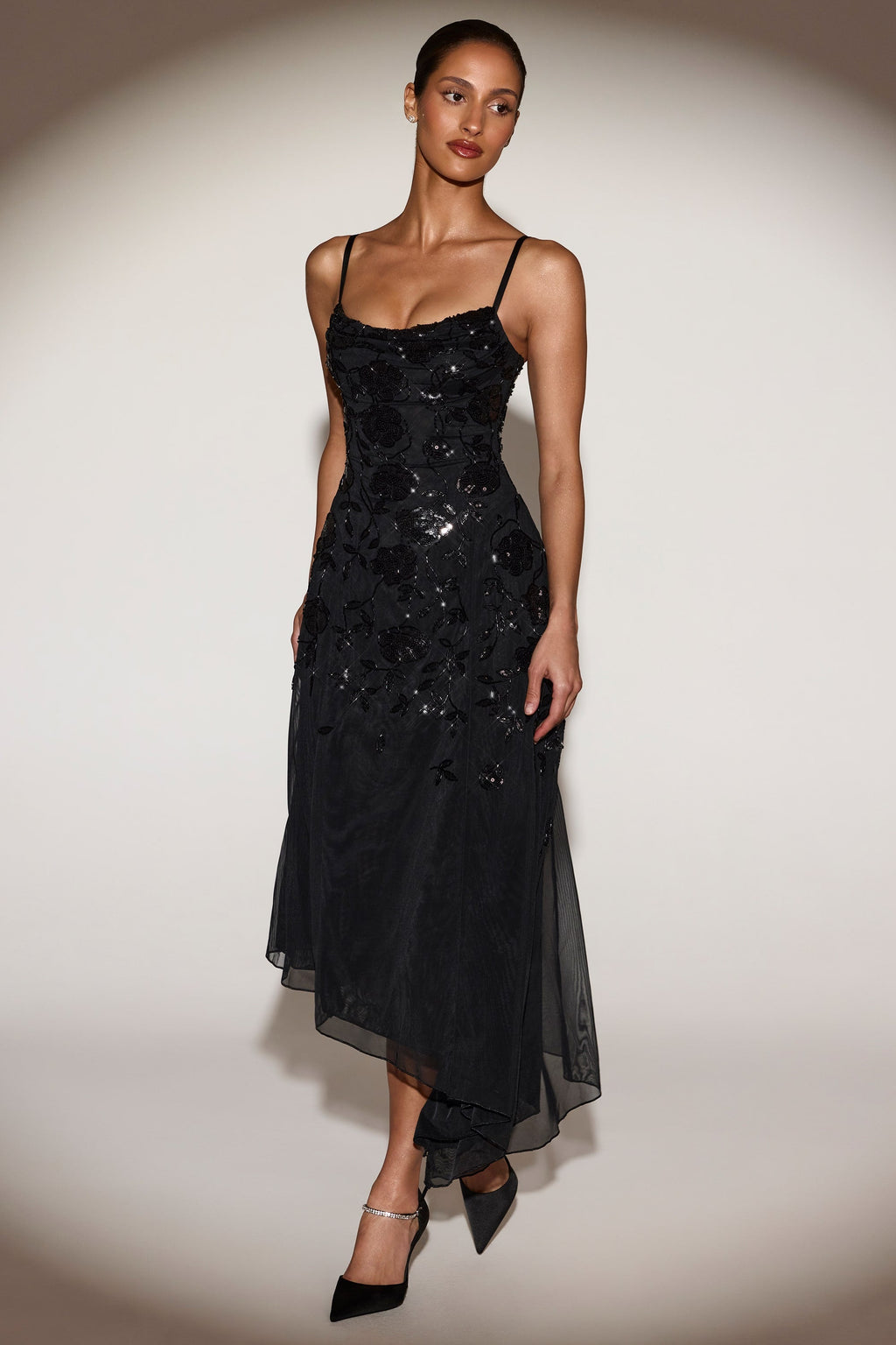 Chic Embellished Soft-Scoop Asymmetric Midaxi Dress in Black