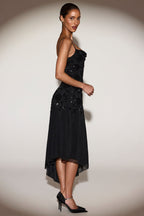 Chic Embellished Soft-Scoop Asymmetric Midaxi Dress in Black