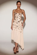 Chic Embellished Soft-Scoop Asymmetric Midaxi Dress in Gold
