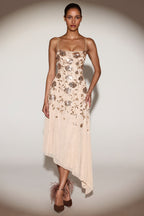 Chic Embellished Soft-Scoop Asymmetric Midaxi Dress in Gold