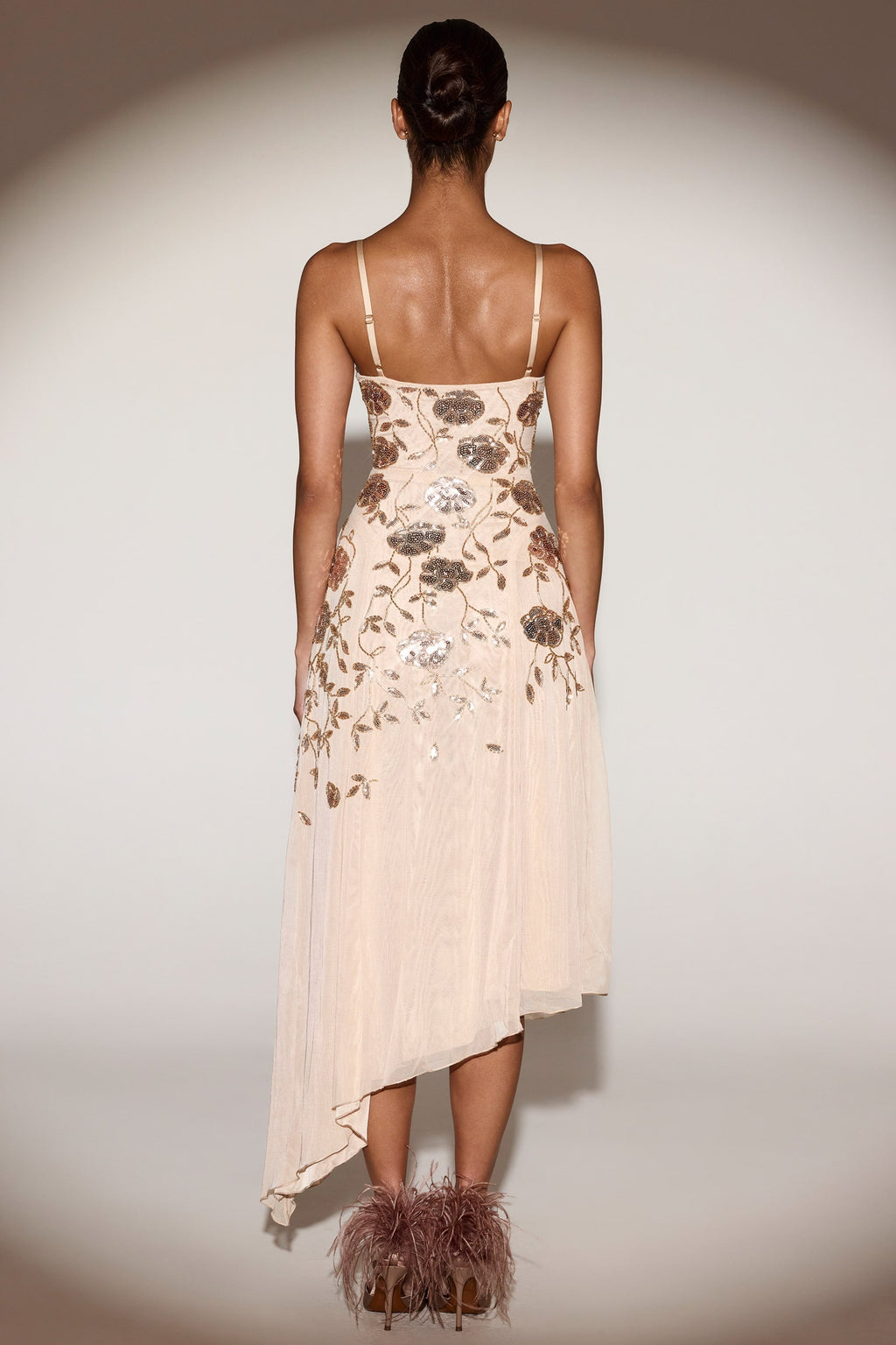 Chic Embellished Soft-Scoop Asymmetric Midaxi Dress in Gold