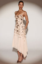 Chic Embellished Soft-Scoop Asymmetric Midaxi Dress in Gold