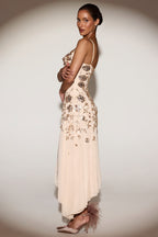 Chic Embellished Soft-Scoop Asymmetric Midaxi Dress in Gold