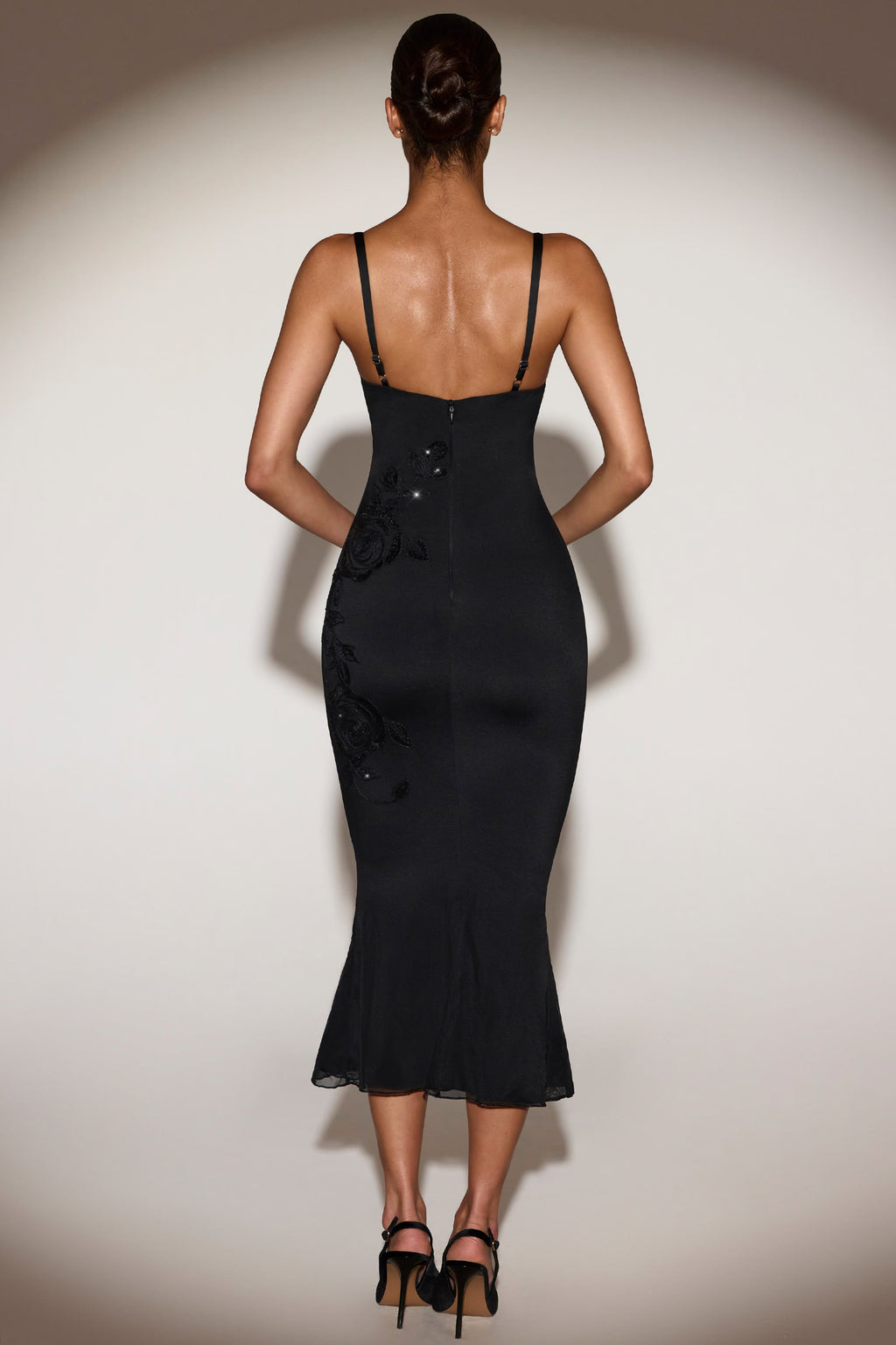Chic Embellished Peekaboo Fluted-Hem Midaxi Dress in Black
