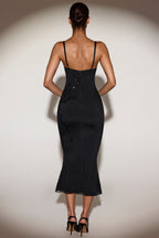 Chic Embellished Peekaboo Fluted-Hem Midaxi Dress in Black