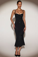 Chic Embellished Peekaboo Fluted-Hem Midaxi Dress in Black