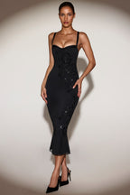 Chic Embellished Peekaboo Fluted-Hem Midaxi Dress in Black
