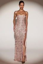 Chic Embellished Bandeau-Neck Strapless Gown in Rose Gold
