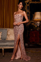 Chic Embellished Bandeau-Neck Strapless Gown in Rose Gold