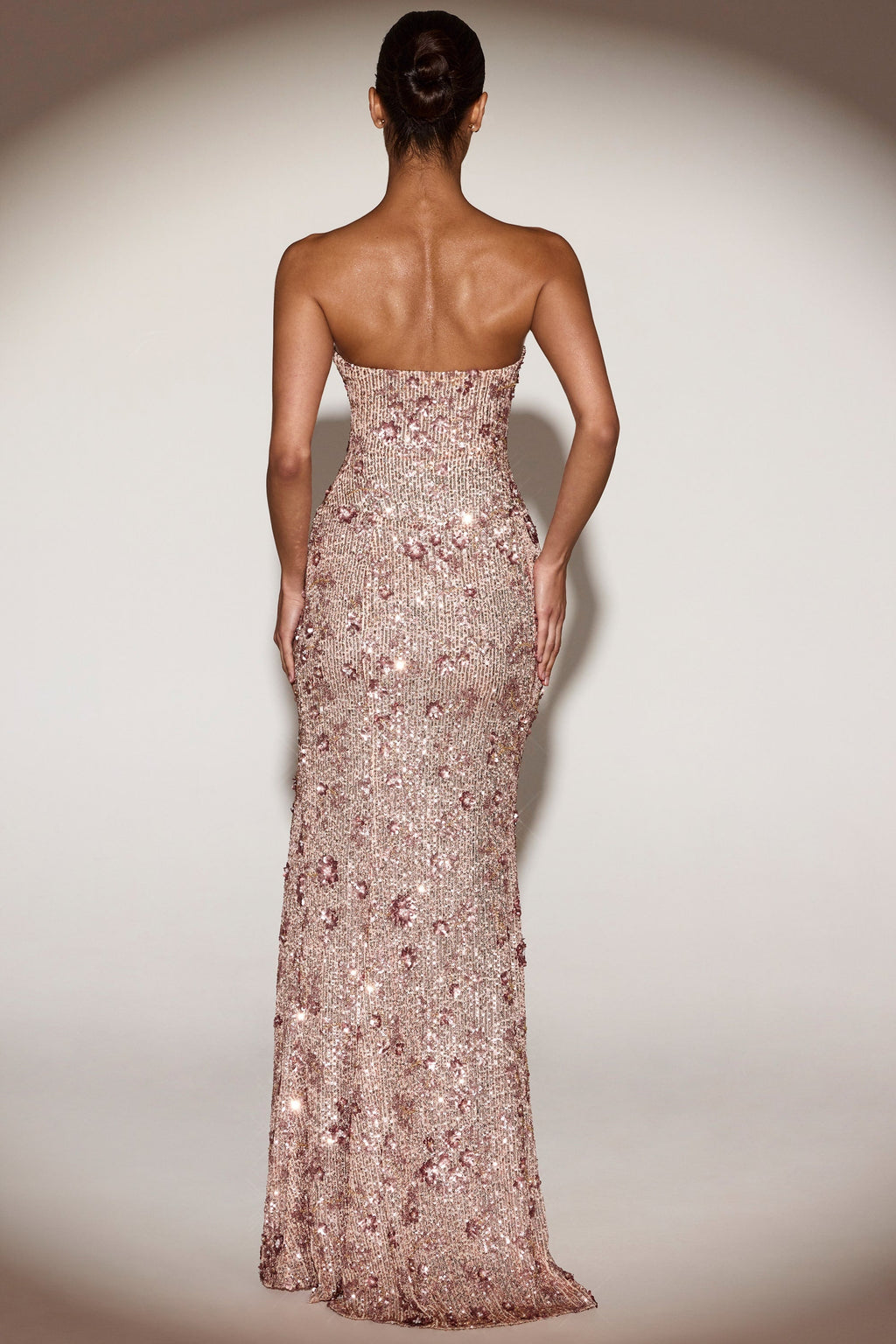 Chic Embellished Bandeau-Neck Strapless Gown in Rose Gold