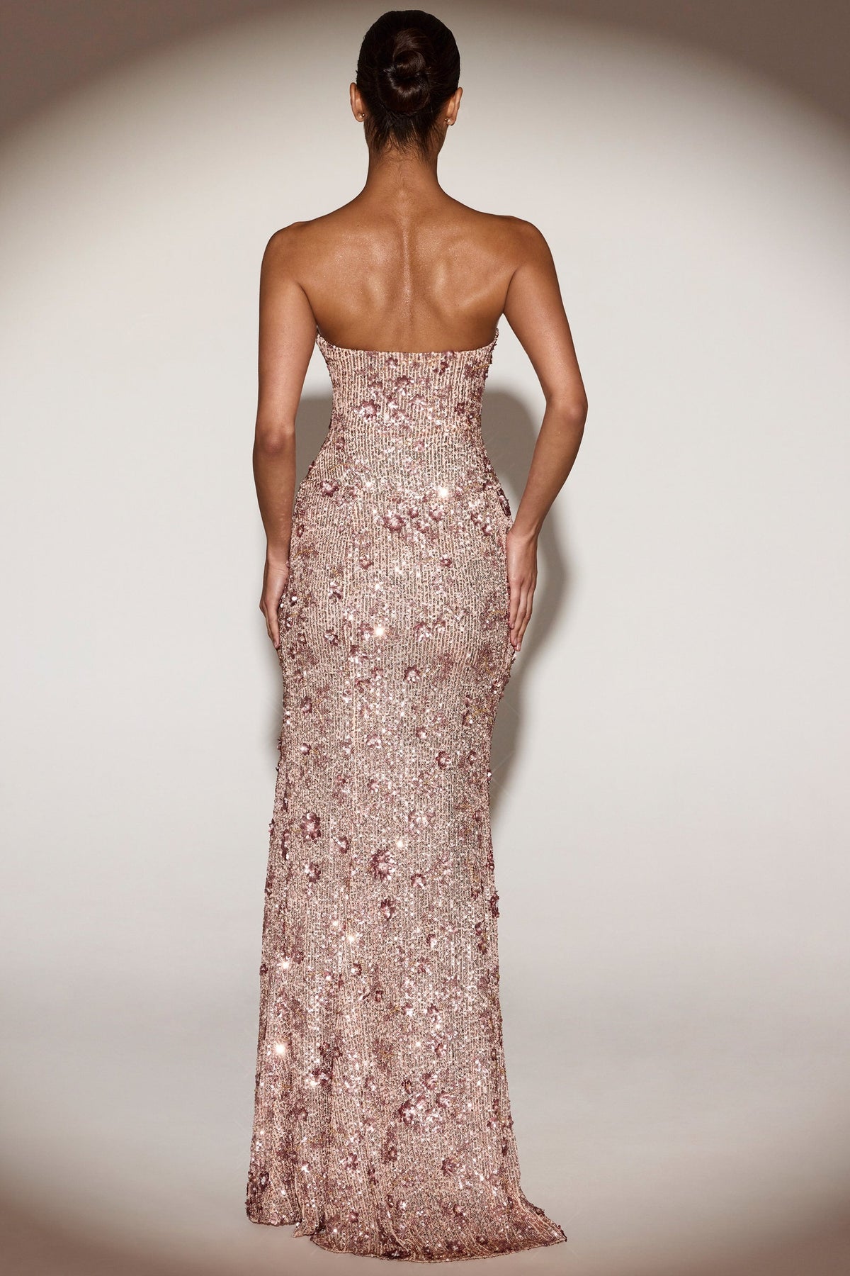 Chic Embellished Bandeau-Neck Strapless Gown in Rose Gold