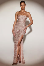Chic Embellished Bandeau-Neck Strapless Gown in Rose Gold