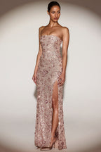 Chic Embellished Bandeau-Neck Strapless Gown in Rose Gold