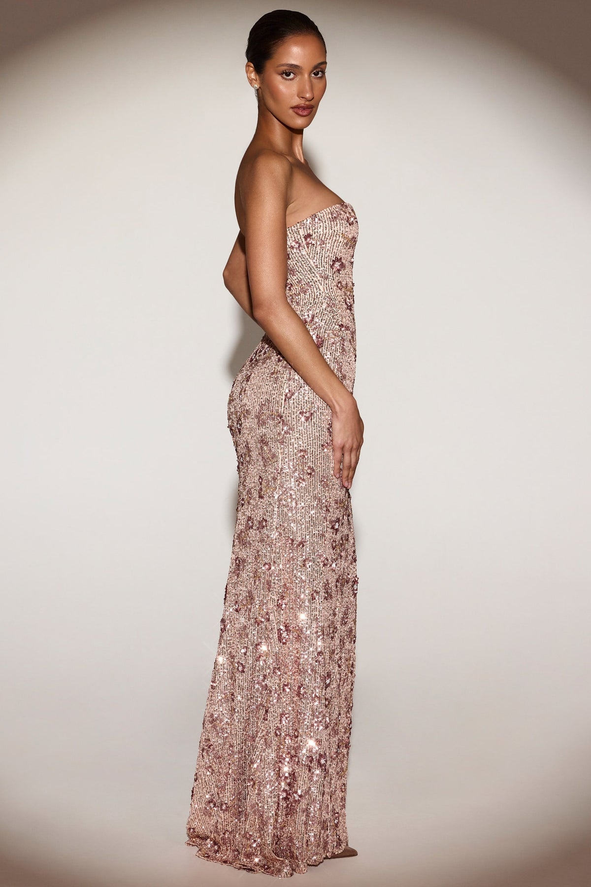 Chic Embellished Bandeau-Neck Strapless Gown in Rose Gold