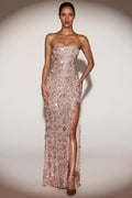 Chic Embellished Bandeau-Neck Strapless Gown in Rose Gold