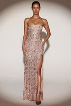 Chic Embellished Bandeau-Neck Strapless Gown in Rose Gold