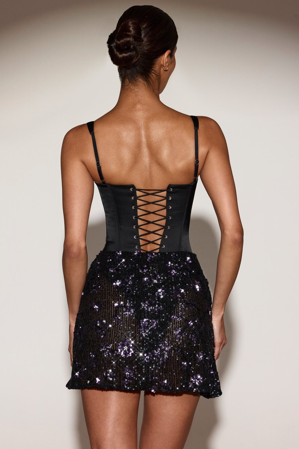 Chic Satin Corset Embellished Skirt Mini Dress in Black Purple