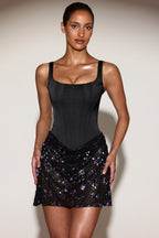 Chic Satin Corset Embellished Skirt Mini Dress in Black Purple
