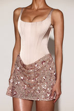 Chic Satin Corset Embellished Skirt Mini Dress in Rose Gold
