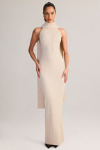 Chic Rib-Knit Scarf-Detail Halterneck Maxi Dress in Cream