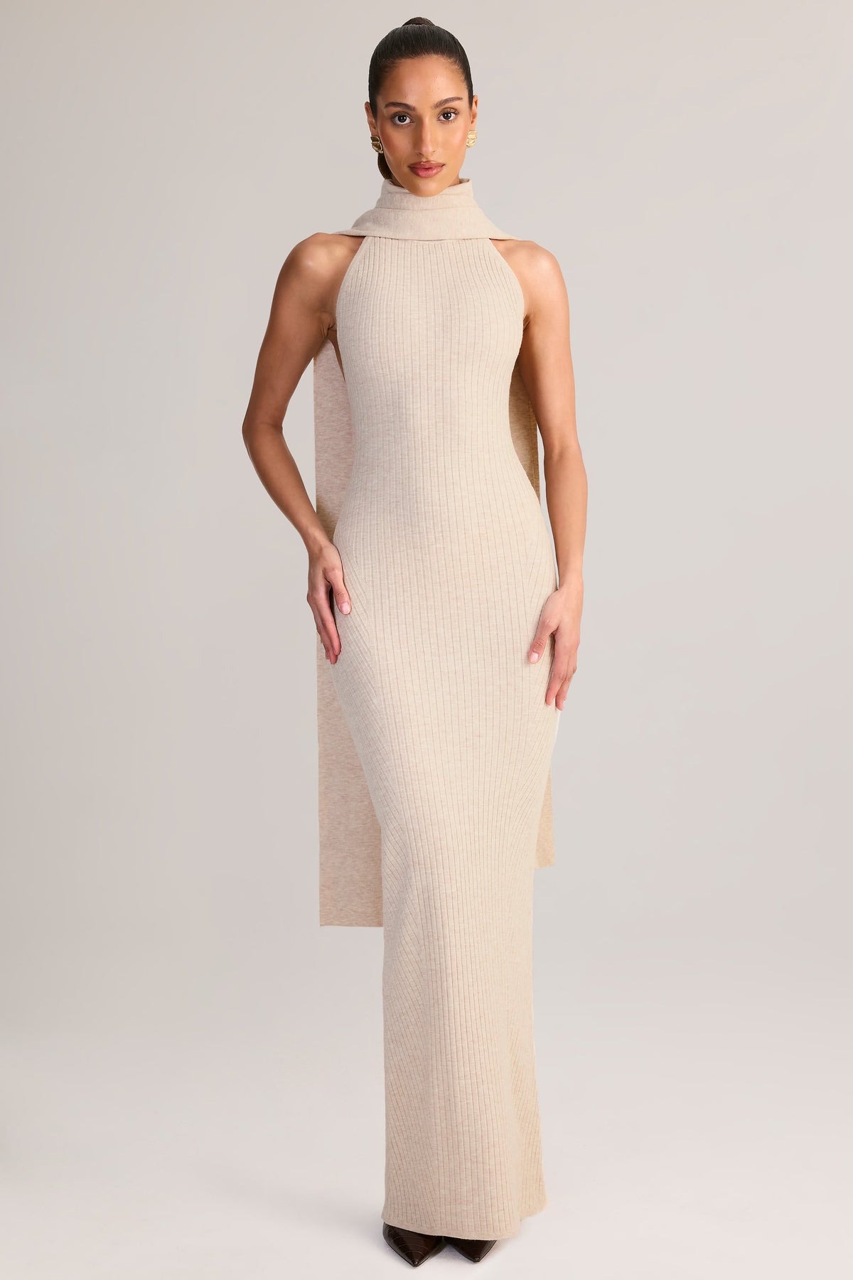 Chic Rib-Knit Scarf-Detail Halterneck Maxi Dress in Cream