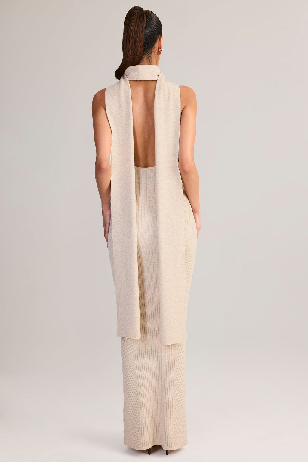 Chic Rib-Knit Scarf-Detail Halterneck Maxi Dress in Cream