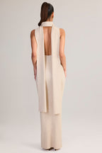 Chic Rib-Knit Scarf-Detail Halterneck Maxi Dress in Cream