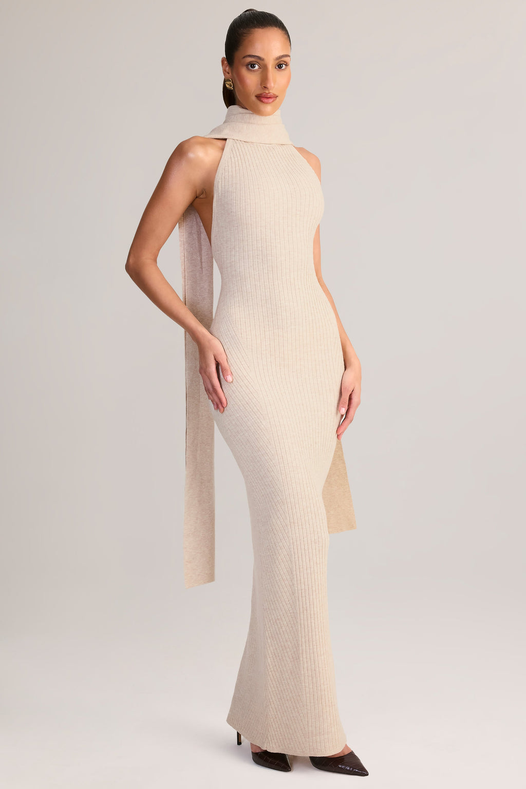 Chic Rib-Knit Scarf-Detail Halterneck Maxi Dress in Cream