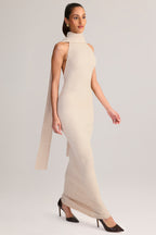 Chic Rib-Knit Scarf-Detail Halterneck Maxi Dress in Cream