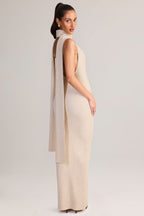 Chic Rib-Knit Scarf-Detail Halterneck Maxi Dress in Cream