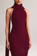 Chic Rib-Knit Scarf-Detail Halterneck Maxi Dress in Wine