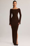 Chic Rib-Knit Boat-Neck Long-Sleeve Maxi Dress in Chocolate Brown