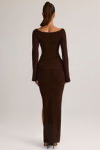 Chic Rib-Knit Boat-Neck Long-Sleeve Maxi Dress in Chocolate Brown