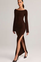Chic Rib-Knit Boat-Neck Long-Sleeve Maxi Dress in Chocolate Brown