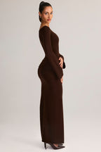 Chic Rib-Knit Boat-Neck Long-Sleeve Maxi Dress in Chocolate Brown