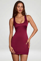 Chic Scoop Neck Lace-up Back Mini Dress in Wine Red