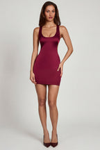 Chic Scoop Neck Lace-up Back Mini Dress in Wine Red