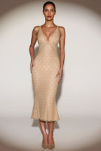 Chic Metallic Lace Plunge-Neck Backless Midaxi Dress in Gold