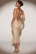 Chic Metallic Lace Plunge-Neck Backless Midaxi Dress in Gold