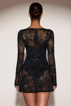 Chic Sheer Embellished Bodysuit Corset Mini Dress in Black