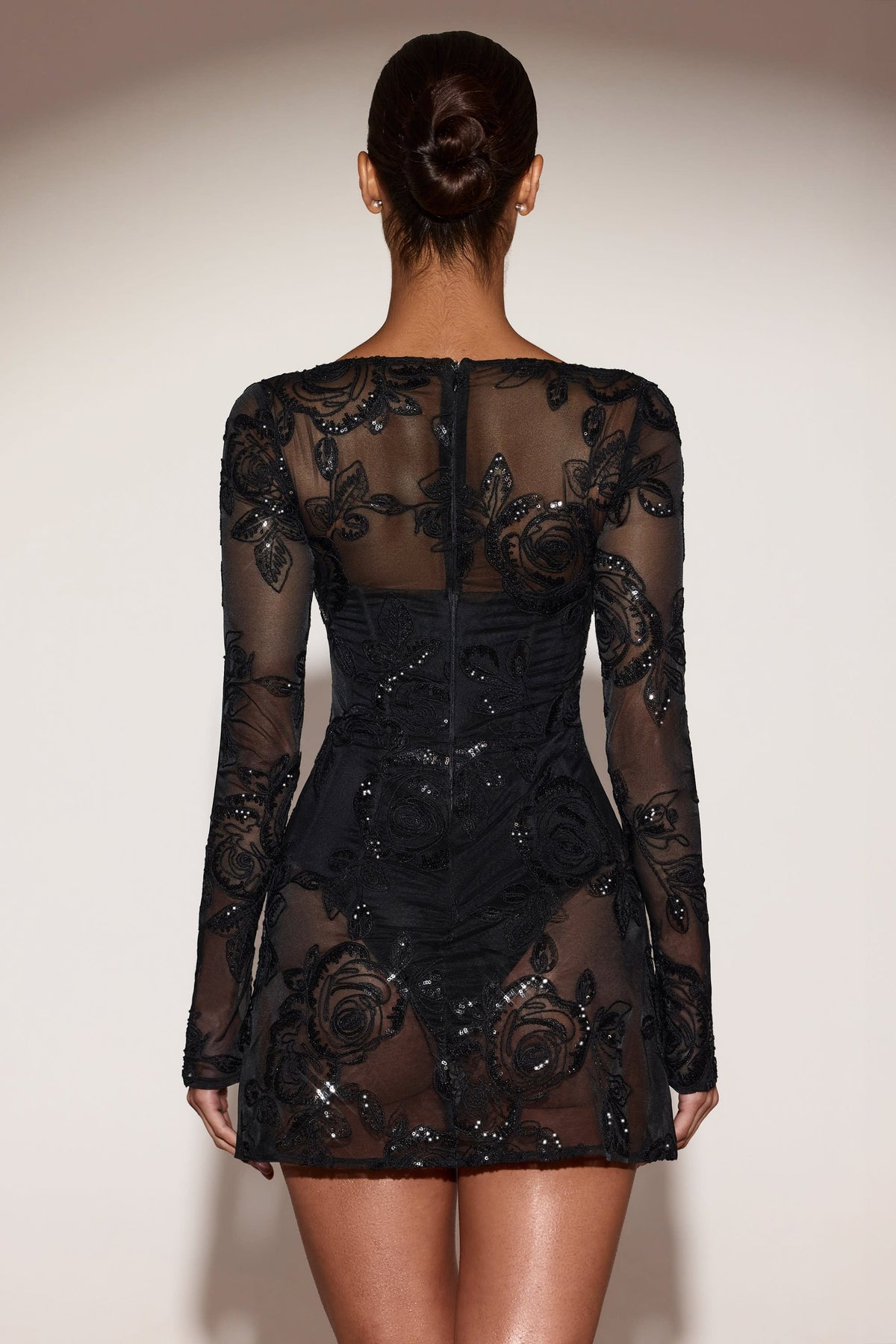 Chic Sheer Embellished Bodysuit Corset Mini Dress in Black