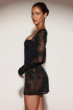 Chic Sheer Embellished Bodysuit Corset Mini Dress in Black
