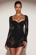 Chic Sheer Embellished Bodysuit Corset Mini Dress in Black