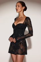 Chic Sheer Embellished Bodysuit Corset Mini Dress in Black