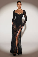 Chic Sheer Embellished Bodysuit Corset Gown Dress in Black