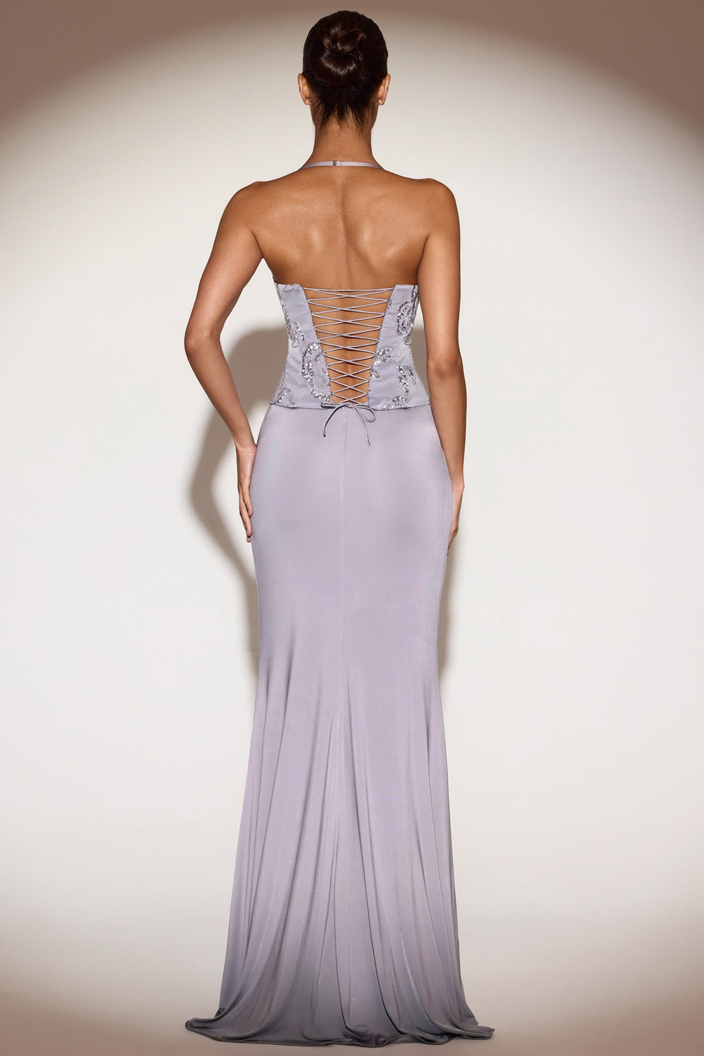Chic Embellished Cowl-Neck Ruffled Gown Dress in Lilac