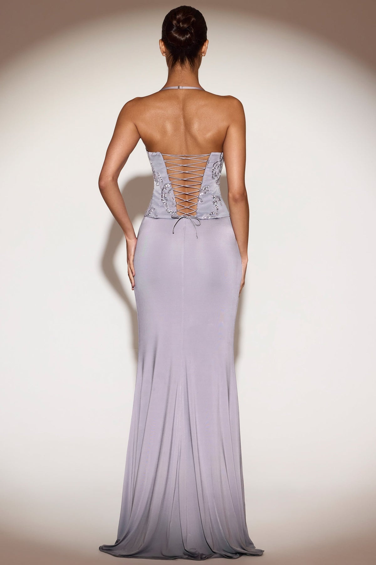 Chic Embellished Cowl-Neck Ruffled Gown Dress in Lilac
