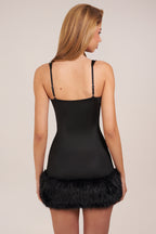 Chic Satin Square-Neck Corset Faux-Fur Mini Dress in Black