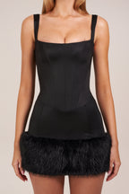 Chic Satin Square-Neck Corset Faux-Fur Mini Dress in Black